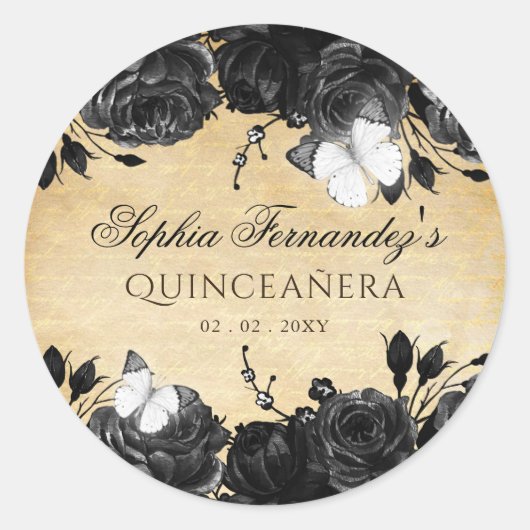 素朴なビンテージ ブラック フラワーバタフライ    ラウンドシール (正面)