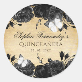 素朴なビンテージ ブラック フラワー バタフライ ラウンドシール