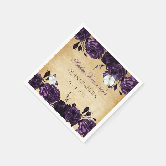 素朴なビンテージ 紫の花と蝶 スタンダードカクテルナプキン (角)