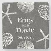 素朴なビーチのテーマの貝殻の黒板の結婚式 ストーンコースター (正面)