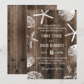 素朴なビーチウェディングのスターフィッシュ＆シーシェル バーンバルク材 招待状 (正面/裏面)