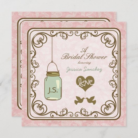 素朴なピンクおよびブラウンのメーソンジャーのブライダルシャワー 招待状 (正面/裏面)
