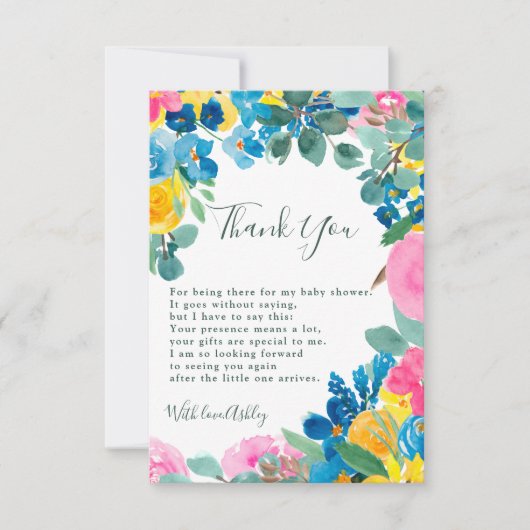 素朴なピンクとグリーンの夏の花のベイビーシャワー サンキューカード (正面)