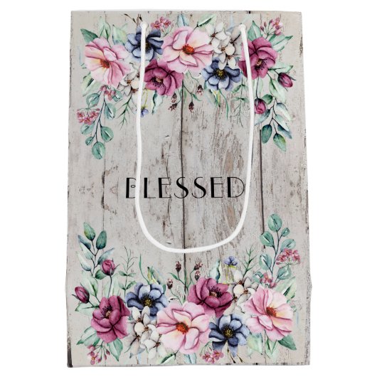 素朴なピンクとネイビーの花柄の納屋の木に祝福を ミディアムペーパーバッグ (裏面)