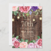 素朴なピンクとパープルの花のストリングライト 70歳の誕生日 招待状 (正面)