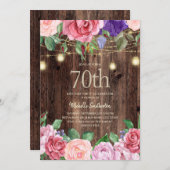 素朴なピンクとパープルの花のストリングライト 70歳の誕生日 招待状 (正面/裏面)