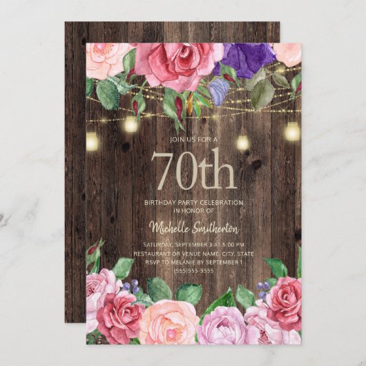素朴なピンクとパープルの花のストリングライト 70歳の誕生日 招待状 (正面/裏面)
