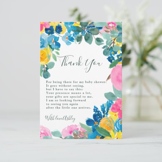 素朴なピンクと緑の夏の花のベイビーシャワー サンキューカード (スタンド正面)