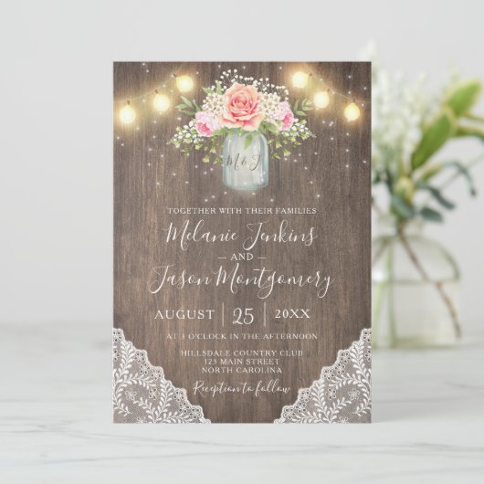 素朴なピンクによってはメーソンジャーのレースの結婚式が開花します 招待状 (スタンド正面)