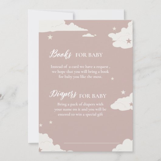 素朴なピンクのおむつと赤ちゃんの本が一緒になった、ベビーシャワーのクロージャーカード 招待状 (正面)