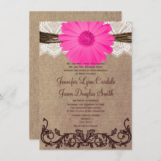 素朴なピンクのガーベラのデイジーのレースの結婚式招待状 招待状 (正面/裏面)