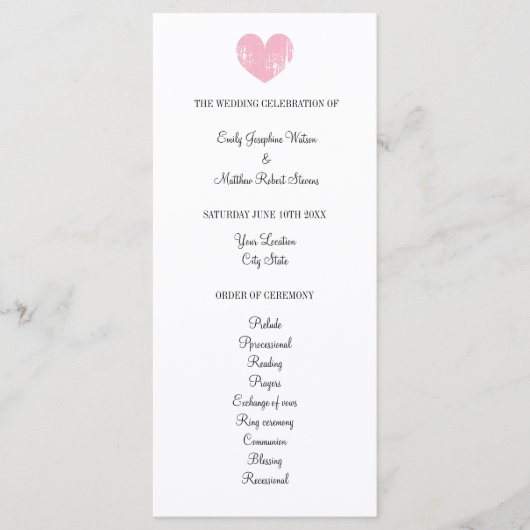 素朴なピンクのハートとエレガントな結婚式プログラム プログラム (正面)