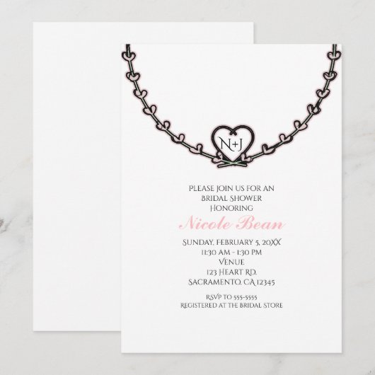 素朴なピンクのハートのツル ブライダルシャワーパーティー 招待状 (正面/裏面)