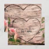 素朴なピンクのバラとツルが描かれた樺の木の「Save the Date」カード 案内ポストカード (正面/裏面)