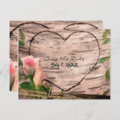 素朴なピンクのバラとツルが描かれた樺の木のSave the Dateカード 案内ポストカード (正面/裏面)