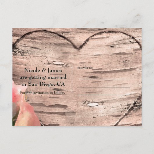 素朴なピンクのバラとツルが描かれた樺の木のSave the Dateカード 案内ポストカード (裏面)