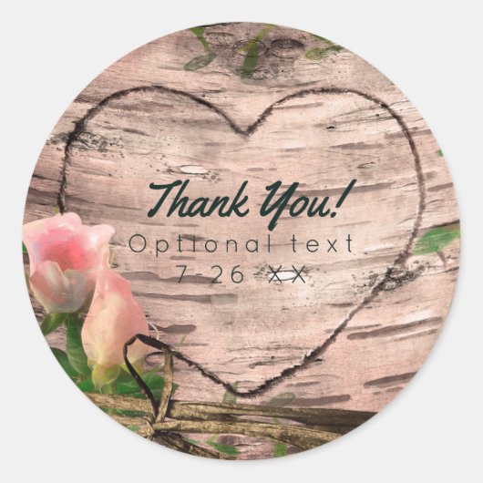 素朴なピンクのバラとツル 白樺 カスタムギフト ラウンドシール (正面)