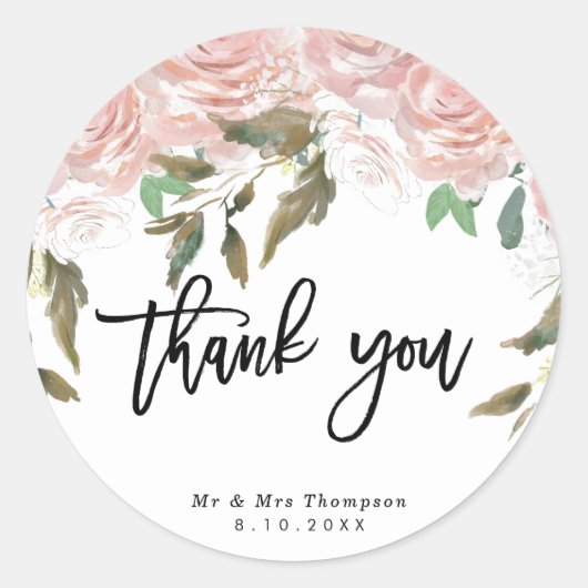 素朴なピンクのバラのウェディングサンクスステッカー ラウンドシール (正面)