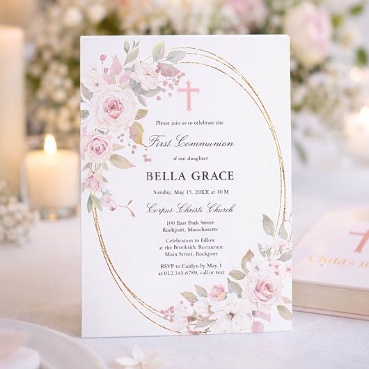 素朴なピンクのバラの花のファースト・ホーリー・コミュニオン 招待状
