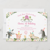 素朴なピンクのファーム フラワー 誕生日 招待状 (正面)