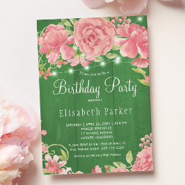 素朴なピンクのブッシュローズのピーオニーの誕生日パーティー 招待状