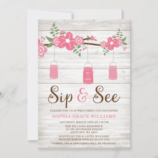 素朴なピンクのメーソンジャーの女の子の一口は招待状を見、 招待状 (正面)