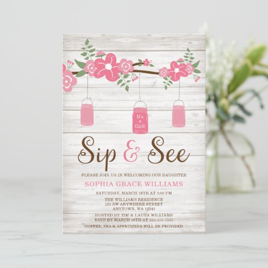 素朴なピンクのメーソンジャーの女の子の一口は招待状を見、 招待状 (スタンド正面)