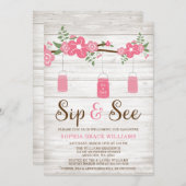 素朴なピンクのメーソンジャーの女の子の一口は招待状を見、 招待状 (正面/裏面)