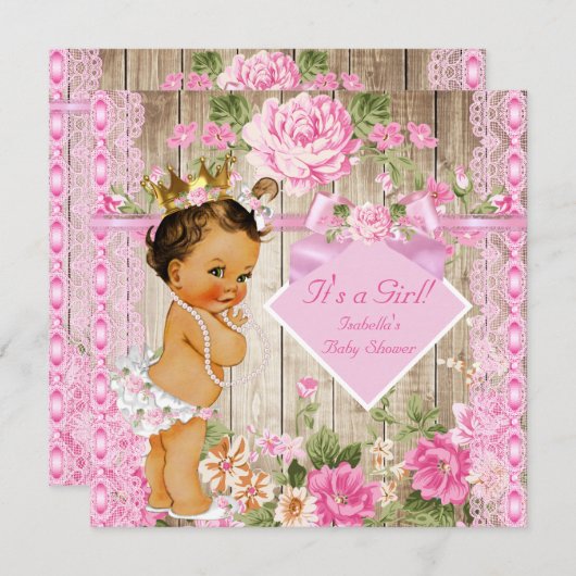 素朴なピンクの木のプリンセスベイビーシャワー 黒髪の女性 招待状 (正面/裏面)