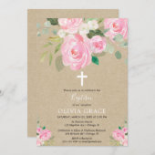 素朴なピンクの白人の花の水彩画の洗礼の女の子 招待状 (正面/裏面)