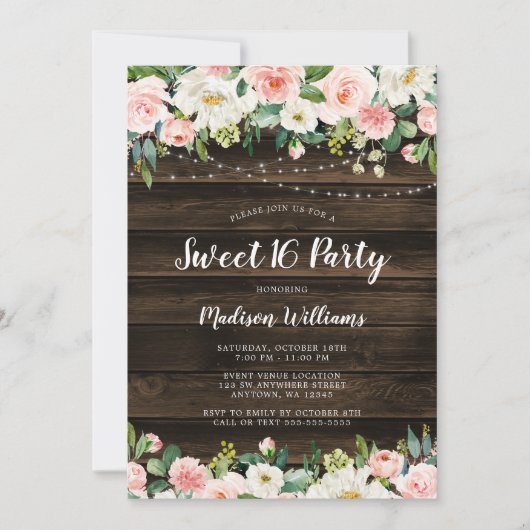 素朴なピンクの花のひもは菓子16をつけます 招待状 (正面)