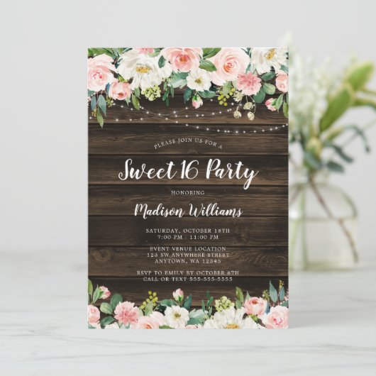 素朴なピンクの花のひもは菓子16をつけます 招待状 (スタンド正面)