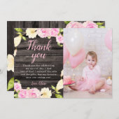素朴なピンクの花の少女誕生日カスタム写真 サンキューカード (正面/裏面)