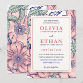 素朴なピンクの花の手描き植物学的なウェディング 招待状 (正面/裏面)