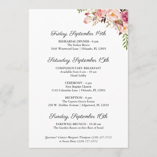 素朴なピンクの花の結婚式のホテルの歓迎カード プログラム (裏面)