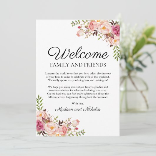 素朴なピンクの花の結婚式のホテルの歓迎カード プログラム (スタンド正面)