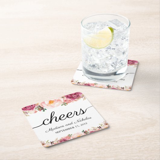 素朴なピンクの花の結婚式の紙のコースター スクエアペーパーコースター (インサイチュ)