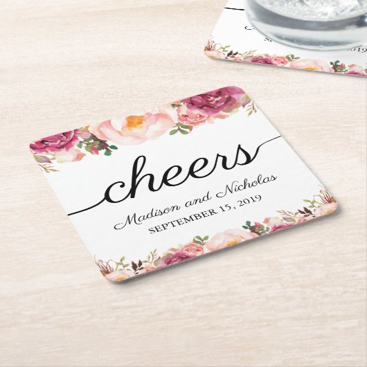 素朴なピンクの花の結婚式の紙のコースター スクエアペーパーコースター (アングル)