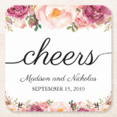 素朴なピンクの花の結婚式の紙のコースター スクエアペーパーコースター (正面)