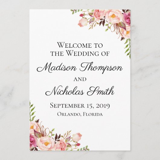 素朴なピンクの花の結婚式プログラムプログラム・カード プログラム (正面)