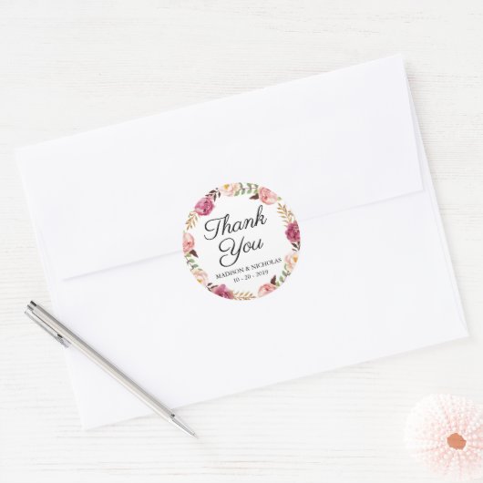 素朴なピンクの花の結婚式用シールは感謝していしています ラウンドシール (封筒)