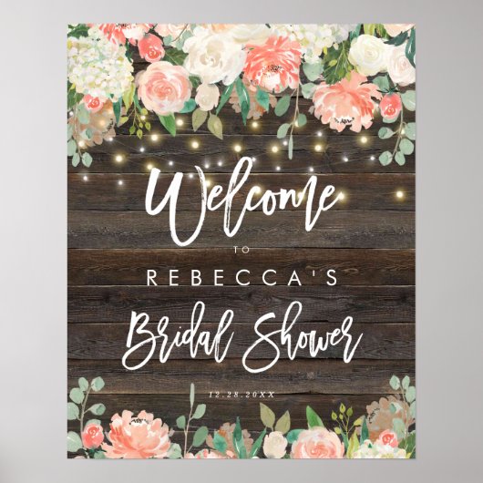 素朴なピーチウッドブライダルシャワーウェルカムサイン ポスター (正面)
