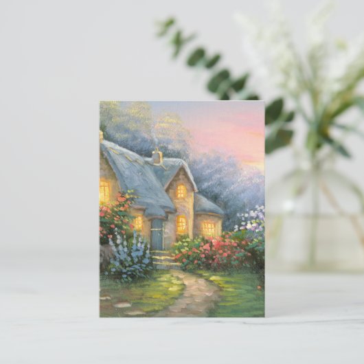 素朴なファンタジーのコテージの絵画 ポストカード (スタンド正面)