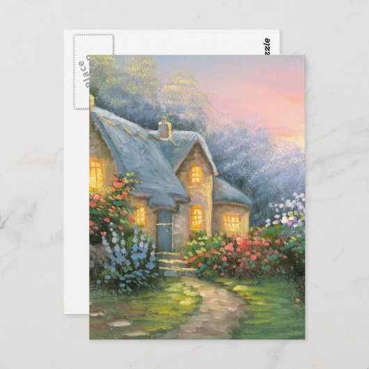 素朴なファンタジーのコテージの絵画 ポストカード (正面/裏面)