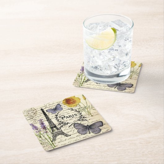 素朴なフランス田舎風の手書きフォント パリ エッフェル塔 スクエアペーパーコースター (インサイチュ)