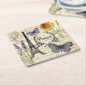 素朴なフランス田舎風の手書きフォント パリ エッフェル塔 スクエアペーパーコースター (アングル)