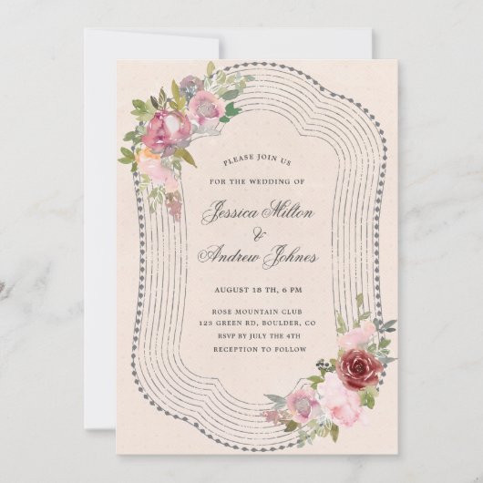 素朴なフレームソフトピンクのブルゴーニュ結婚フローラ 招待状 (正面)