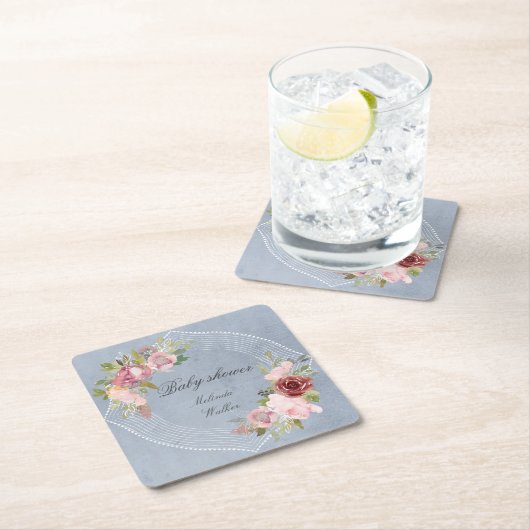 素朴なフレームピンクのバーガンディフローラ赤ちゃんシャワー スクエアペーパーコースター (インサイチュ)