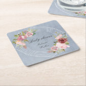 素朴なフレームピンクのバーガンディフローラ赤ちゃんシャワー スクエアペーパーコースター (アングル)