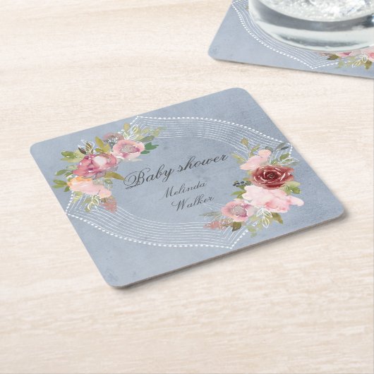 素朴なフレームピンクのバーガンディフローラ赤ちゃんシャワー スクエアペーパーコースター (アングル)